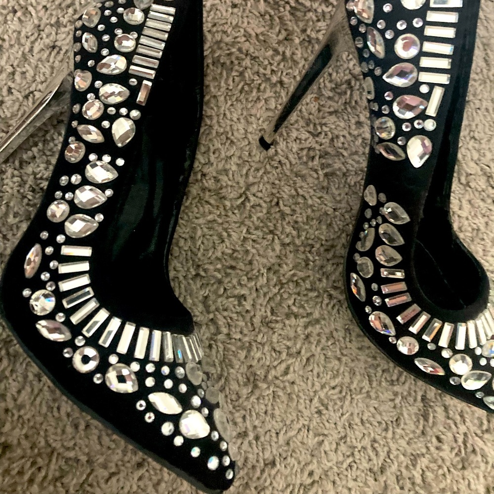 Rhinestone black velvet heels